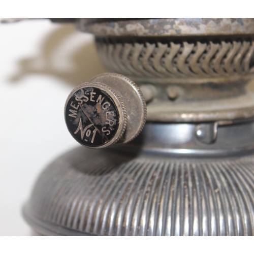 1010 - A 19th century silver plated oil lamp base of classical form, seemingly unmarked, approx 34cm tall