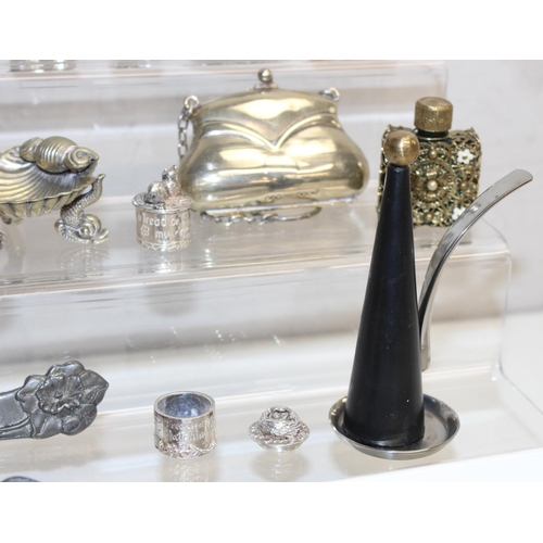 1026 - Assorted small curio items to incl miniature scent bottles, boxed Robert Welch candle snuffer, silve... 