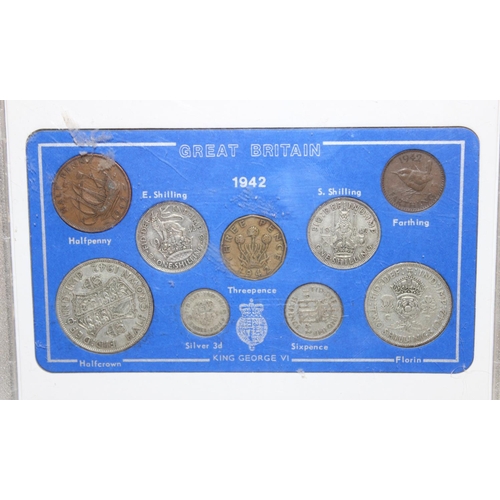 1214 - 3 assorted coin sets to inc a 1942 set with silver coins, 1970 set in luxury case and a 1964 set