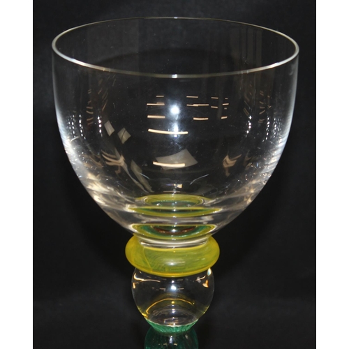 1507 - Kjell Engman for Kosta Boda, 5 Fenix series colourful wine glasses, approx 16cm tall