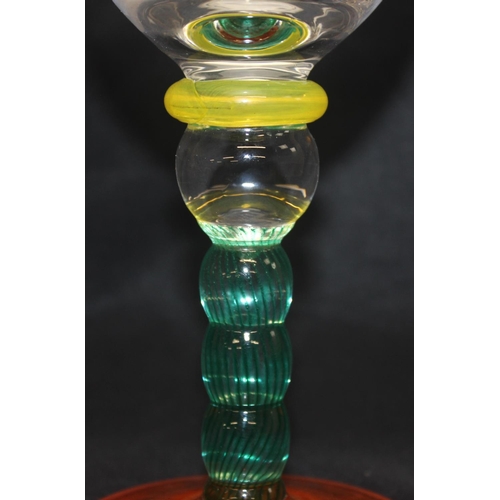 1507 - Kjell Engman for Kosta Boda, 5 Fenix series colourful wine glasses, approx 16cm tall