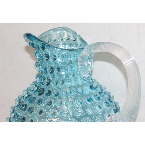 1514 - Klimchi - an Underlay Aquamarine Hobnail Jug with clear glass handle, antique style but made in Czec... 