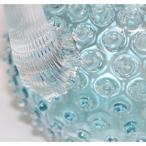 1514 - Klimchi - an Underlay Aquamarine Hobnail Jug with clear glass handle, antique style but made in Czec... 