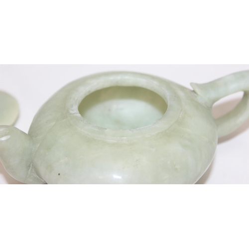 1516 - A Chinese carved green hardstone teapot believed to be Jade, likely 20th century, approx 15cm wide