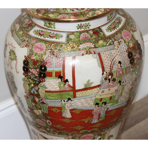 1564 - A very large Chinese porcelain temple jar or vase on wooden stand, Famille Rose palette, mid-late 20... 