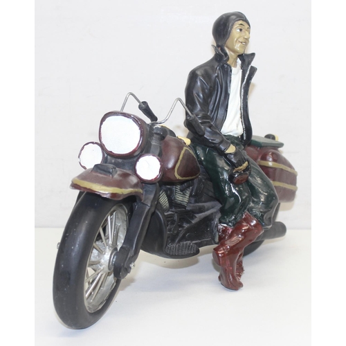 1600 - Vintage style composition model of Harley Davidson and rider with turning wheels, approx 50cm W x 32... 