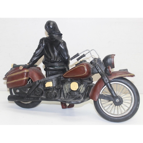 1600 - Vintage style composition model of Harley Davidson and rider with turning wheels, approx 50cm W x 32... 