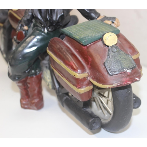 1600 - Vintage style composition model of Harley Davidson and rider with turning wheels, approx 50cm W x 32... 