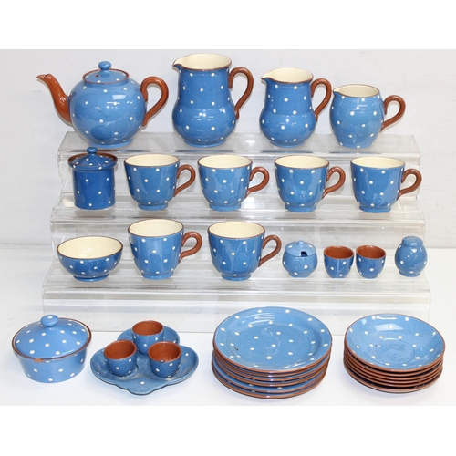 16141634 - Qty of Watcombe Tourquay Pottery items in blue with white spots, to incl teapot, cups, saucers, plat... 