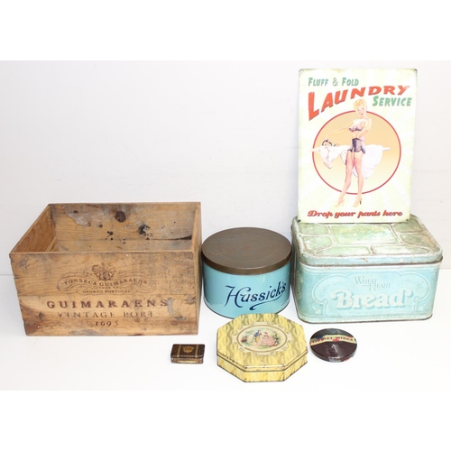 1621 - Qty of vintage advertising misc items to incl Hussick's Toffee tin, wooden port crate etc