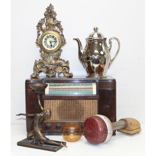 1635 - Qty of misc items to include a vintage radio, an antique style mantel clock, a vintage carpet stretc... 