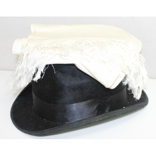 206 - An antique silk top hat by Dunn & Co, large but unattributed size and a white silk scarf