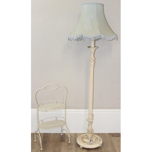 235 - White painted standard lamp and two-tiered stand, lamp approx 178cm with shade