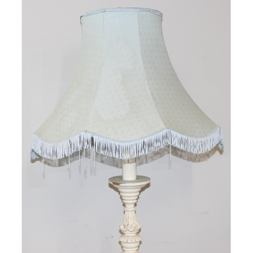 235 - White painted standard lamp and two-tiered stand, lamp approx 178cm with shade