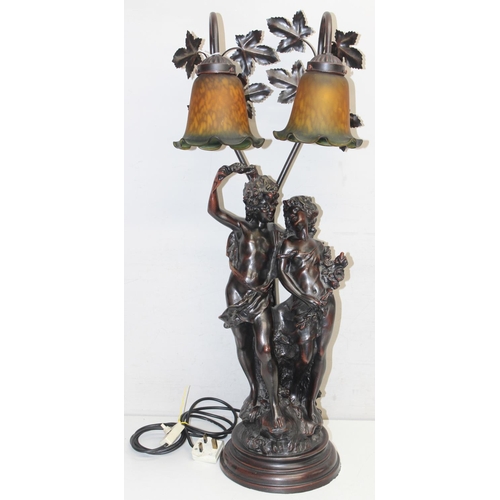 239 - Bronzed classical style lamp with classical lovers decoration, approx 79cm tall