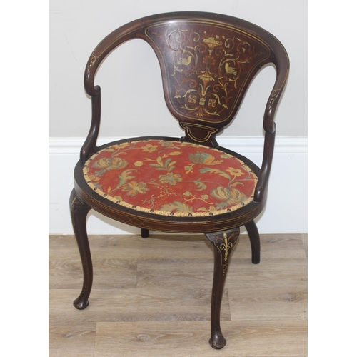 134 - A 19th century inlaid mahogany tub chair in the manner of James Shoolbred, with profuse marquetry in... 