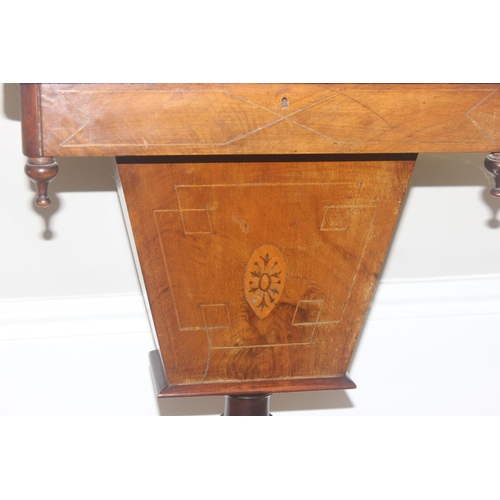 170 - A 19th century inlaid sewing table of squared trumpet form, marquetry details to top and fitted inte... 