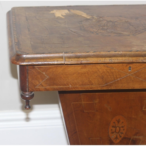 170 - A 19th century inlaid sewing table of squared trumpet form, marquetry details to top and fitted inte... 