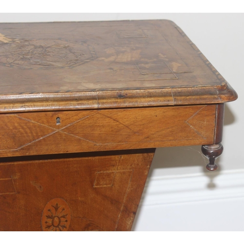 170 - A 19th century inlaid sewing table of squared trumpet form, marquetry details to top and fitted inte... 