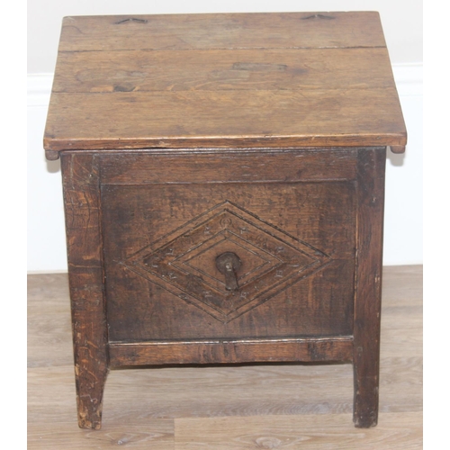 143 - An antique oak cellarette or coal bucket with metal lining, seemingly made from parts of an 18th cen... 