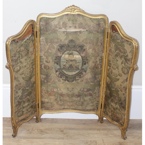 148 - A Regency period carved giltwood and tapestry fire screen, 3 panels, approx 115cm wide x 110cm tall