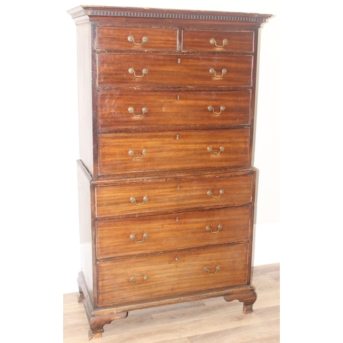 167 - A 19th century mahogany chest on chest or tall boy, 2 over 3 over 3 construction with bracket feet a... 