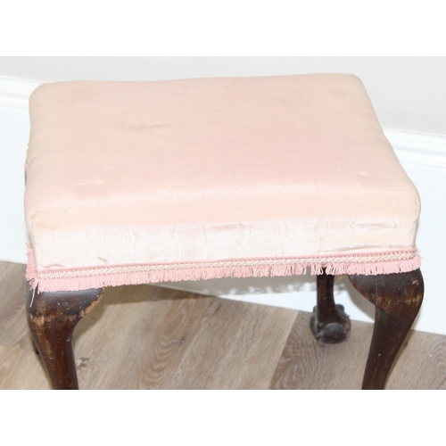 117 - 3 vintage mahogany stools with fabric tops and a vintage rug, the rug approx 137cm x 93cm