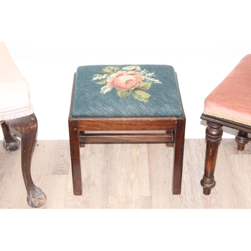 117 - 3 vintage mahogany stools with fabric tops and a vintage rug, the rug approx 137cm x 93cm