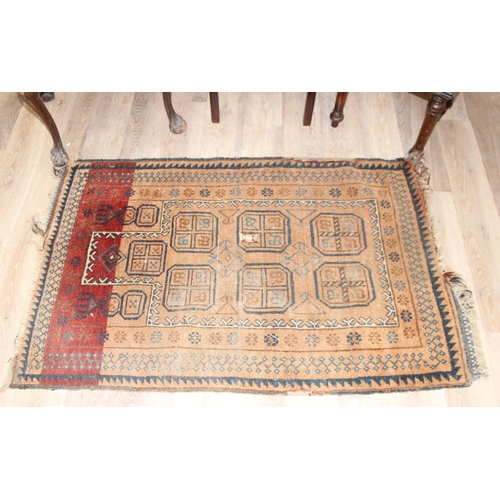 117 - 3 vintage mahogany stools with fabric tops and a vintage rug, the rug approx 137cm x 93cm