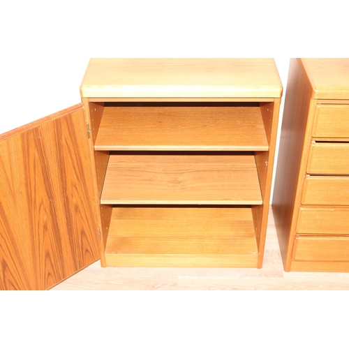 43 - A retro 5 drawer chest of drawers and a matching single door cupboard, seemingly unmarked, the chest... 