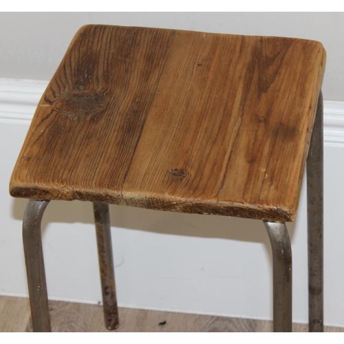 78 - 2 industrial style stools with metal legs and distressed pine top, each approx 28cm square x 50cm ta... 