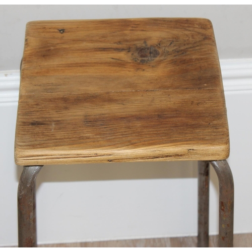 78 - 2 industrial style stools with metal legs and distressed pine top, each approx 28cm square x 50cm ta... 