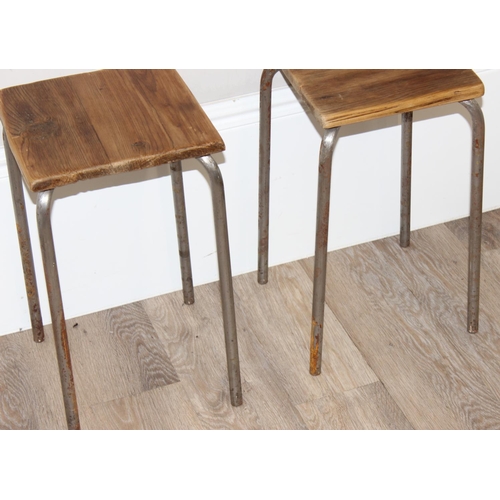 78 - 2 industrial style stools with metal legs and distressed pine top, each approx 28cm square x 50cm ta... 