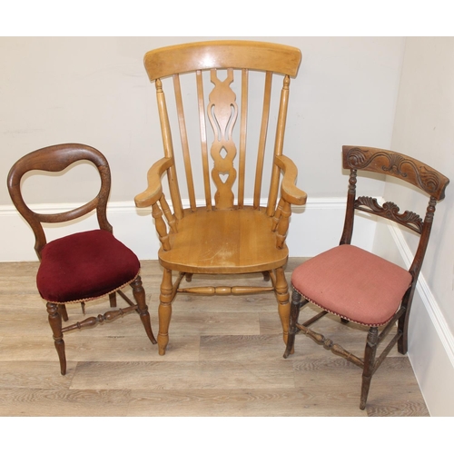 94 - A vintage beech farmhouse Windsor armchair and 2 antique bedroom chairs, the armchair approx 116cm t... 