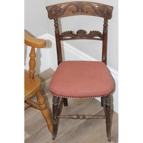 94 - A vintage beech farmhouse Windsor armchair and 2 antique bedroom chairs, the armchair approx 116cm t... 