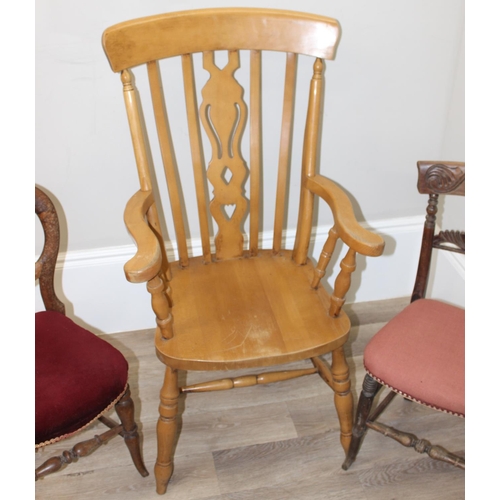 94 - A vintage beech farmhouse Windsor armchair and 2 antique bedroom chairs, the armchair approx 116cm t... 