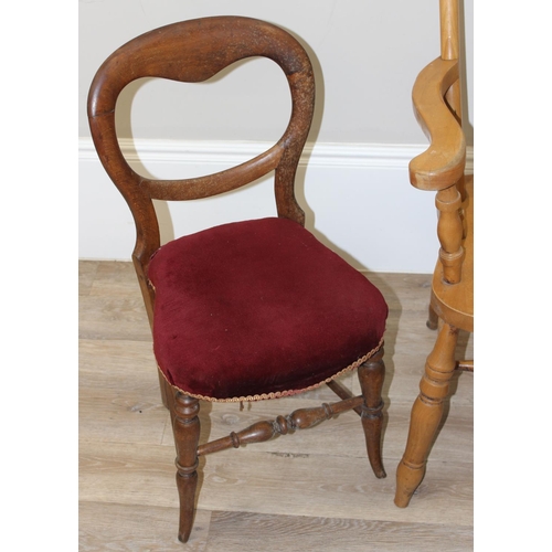 94 - A vintage beech farmhouse Windsor armchair and 2 antique bedroom chairs, the armchair approx 116cm t... 