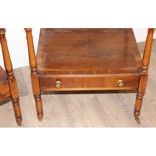 84 - A pair of antique style burrwood side tables or bedside stands with a slide out side and a single lo... 