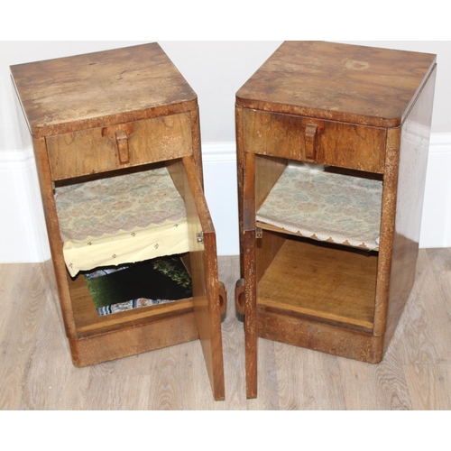 103 - A pair of Art Deco period burr walnut bedside cabinets, a single drawer over a cupboard base, each a... 