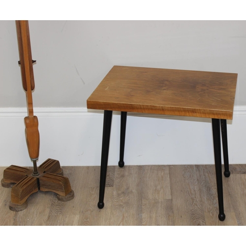 89 - A retro wooden topped table with black legs and a vintage folding lectern, the table approx 65cm wid... 