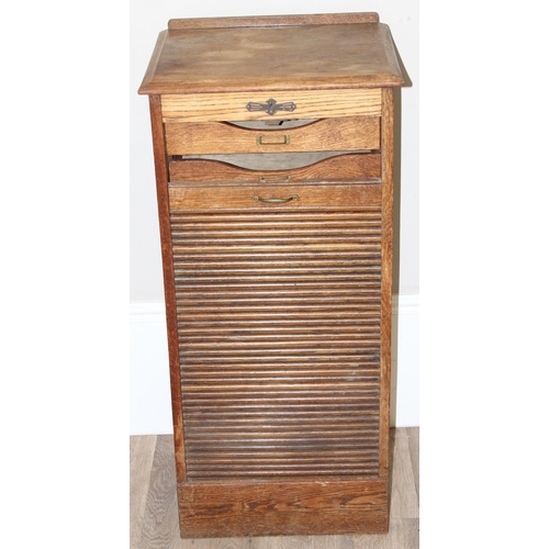 86 - A vintage oak tambour fronted drawer cabinet, approx 48cm wide x 41cm deep x 102cm tall