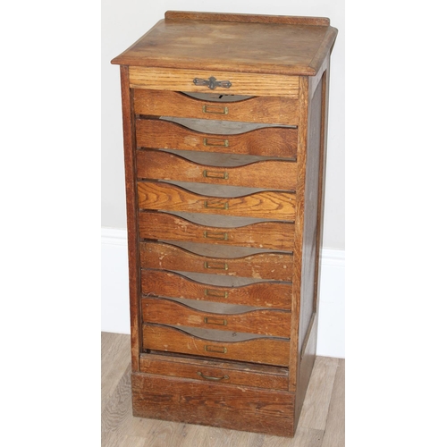 86 - A vintage oak tambour fronted drawer cabinet, approx 48cm wide x 41cm deep x 102cm tall