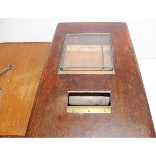 307 - A vintage wooden shops cash till and a wooden strong box with key, the till approx 54cm deep