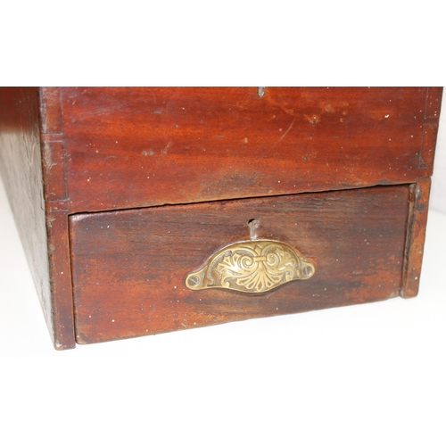 307 - A vintage wooden shops cash till and a wooden strong box with key, the till approx 54cm deep