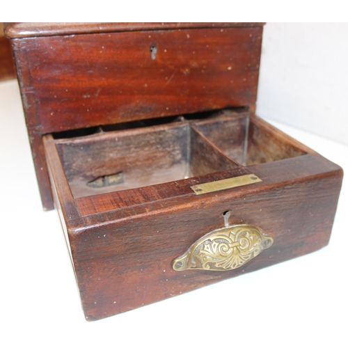 307 - A vintage wooden shops cash till and a wooden strong box with key, the till approx 54cm deep