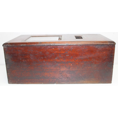 307 - A vintage wooden shops cash till and a wooden strong box with key, the till approx 54cm deep