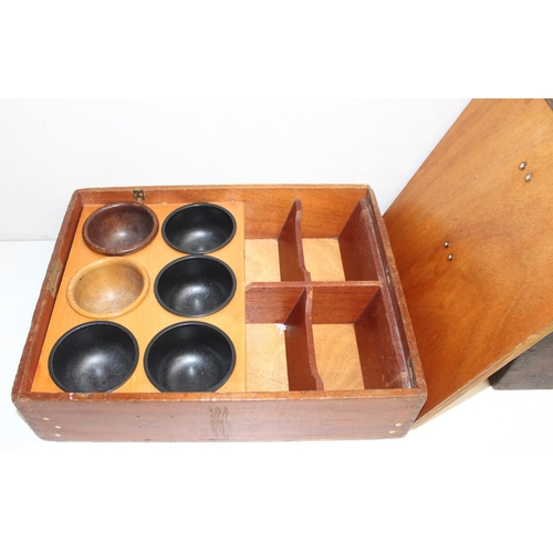 307 - A vintage wooden shops cash till and a wooden strong box with key, the till approx 54cm deep