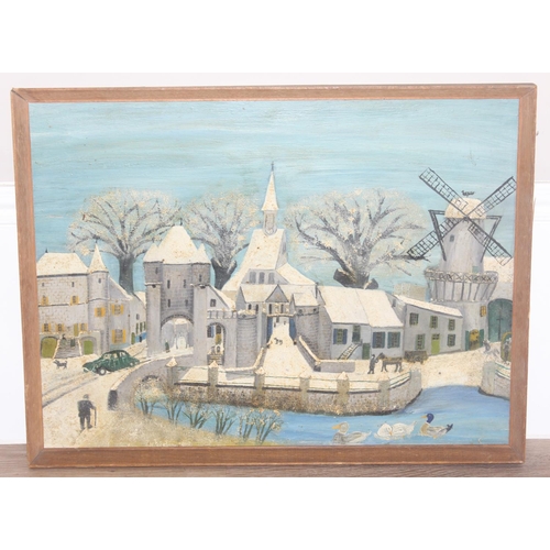 412 - A vintage naive oil on board of a Dutch winter scene, in the manner of L.S. Lowry, seemingly unsigne... 