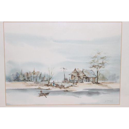 417 - A group of 4 Oriental watercolours depicting boats and fishing huts, seemingly by different hands, o... 