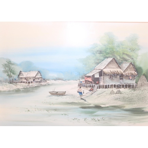 417 - A group of 4 Oriental watercolours depicting boats and fishing huts, seemingly by different hands, o... 